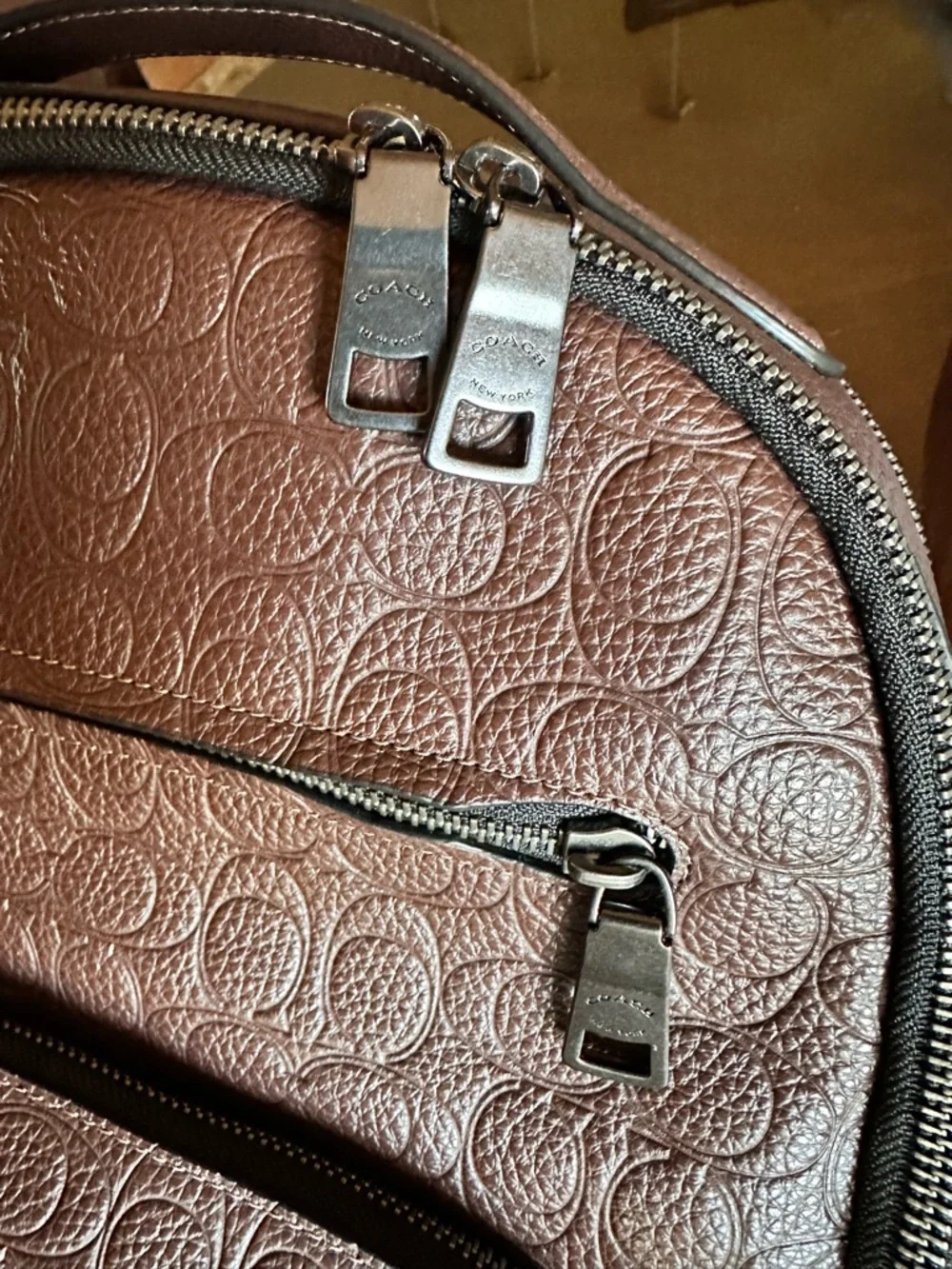 Coach Unisex Brown Embossed Signature Leather Backpack - Picture 6 of 8